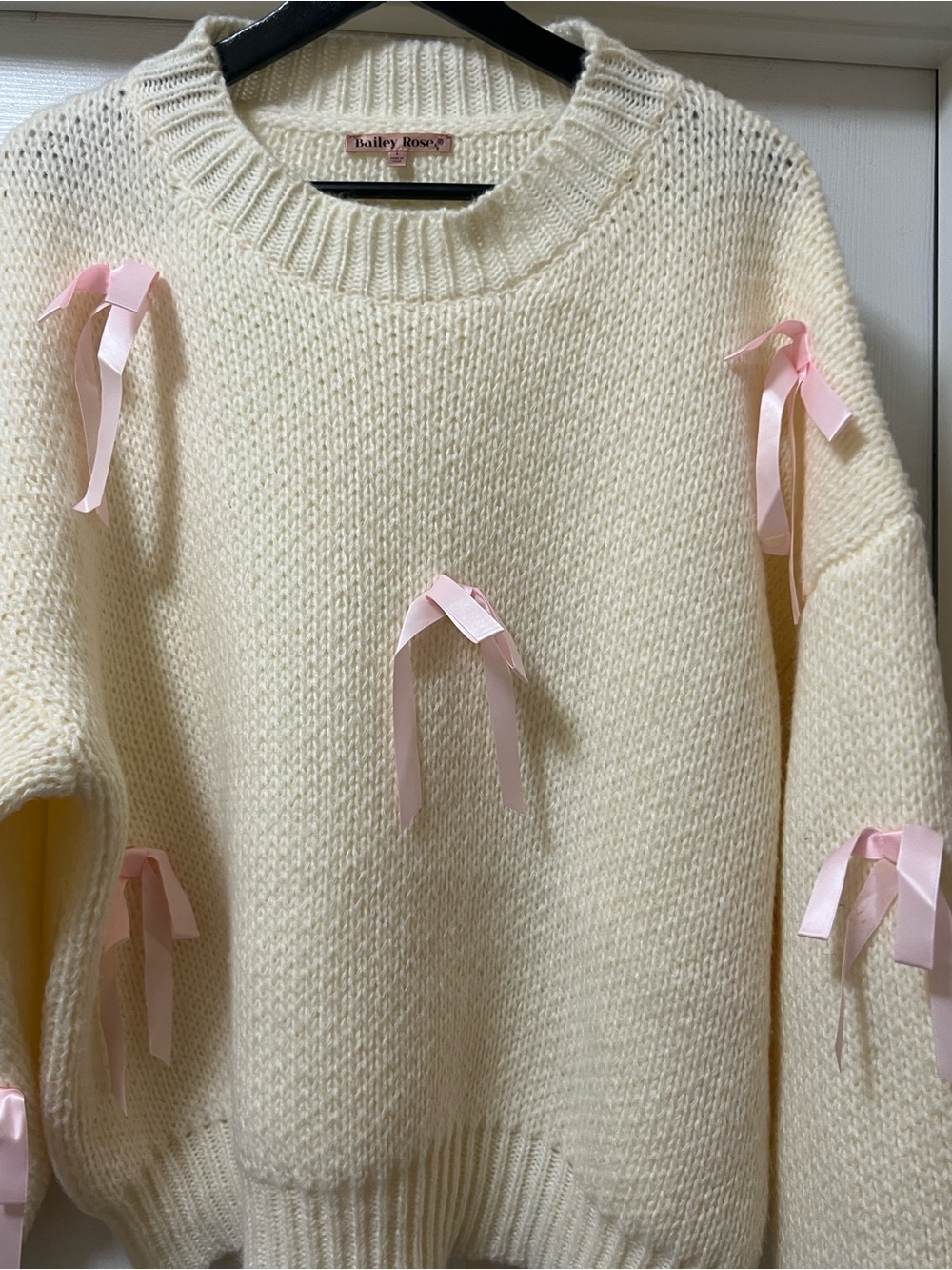 Cream Crewneck Sweater with Pink Ribbon Bows - Picture 3 of 8
